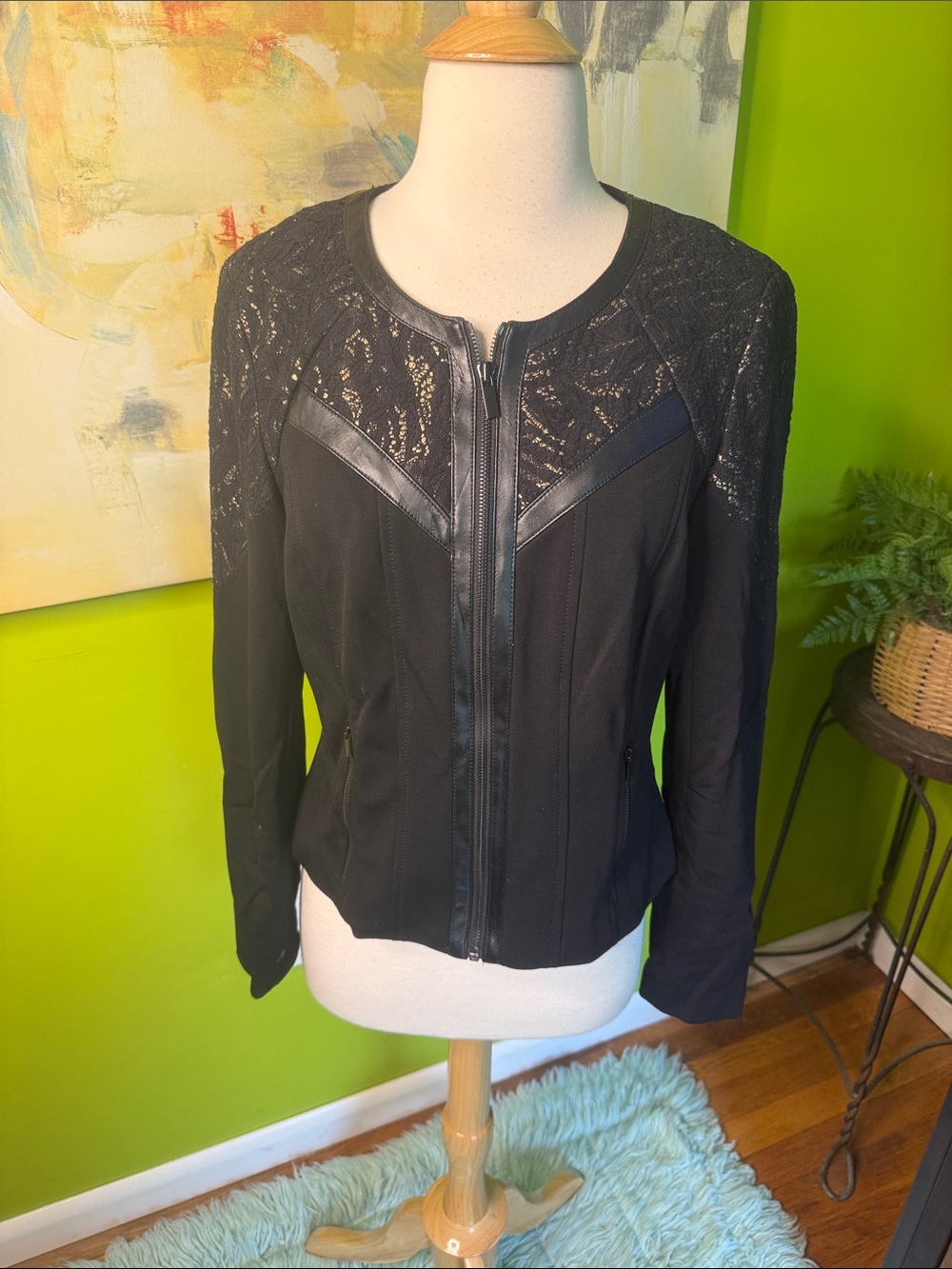 Cache Black Lace-Trim Zip Front Jacket